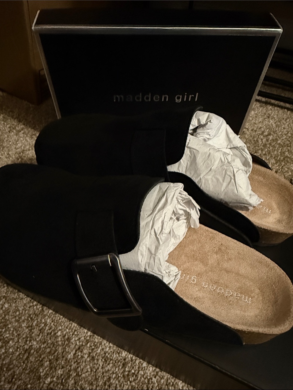 Madden Girl Black Suede Slip-On Mule with Buckle